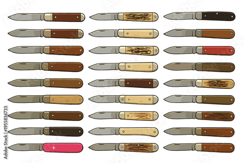 Collection of various knives with different handle designs and colors arranged in a grid pattern