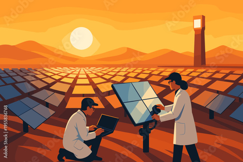 Scientists work on solar panels in a desert area at sunset while monitoring energy output and system performance