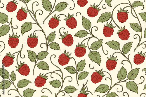 Pattern of raspberries and leaves on a light background showing repeated design and arrangement of fruits and foliage