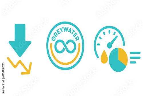 Understanding greywater systems with clear symbols showing flow, usage, and measurement in a simple format
