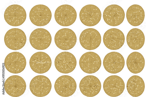 Many round golden coins with patterns on a white background arranged in neat rows and columns
