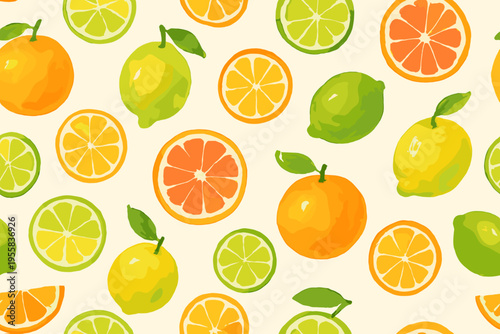 Bright and colorful fruit pattern showing various citrus fruits on a light background
