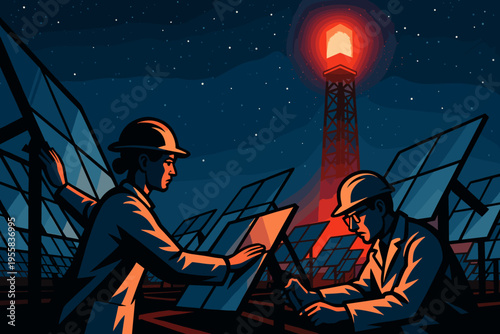 Workers maintain solar panels at night under a lit tower in a renewable energy field
