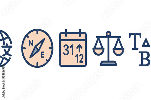 Icons of navigation, time, and balance show common symbols for daily activities and tools in everyday life