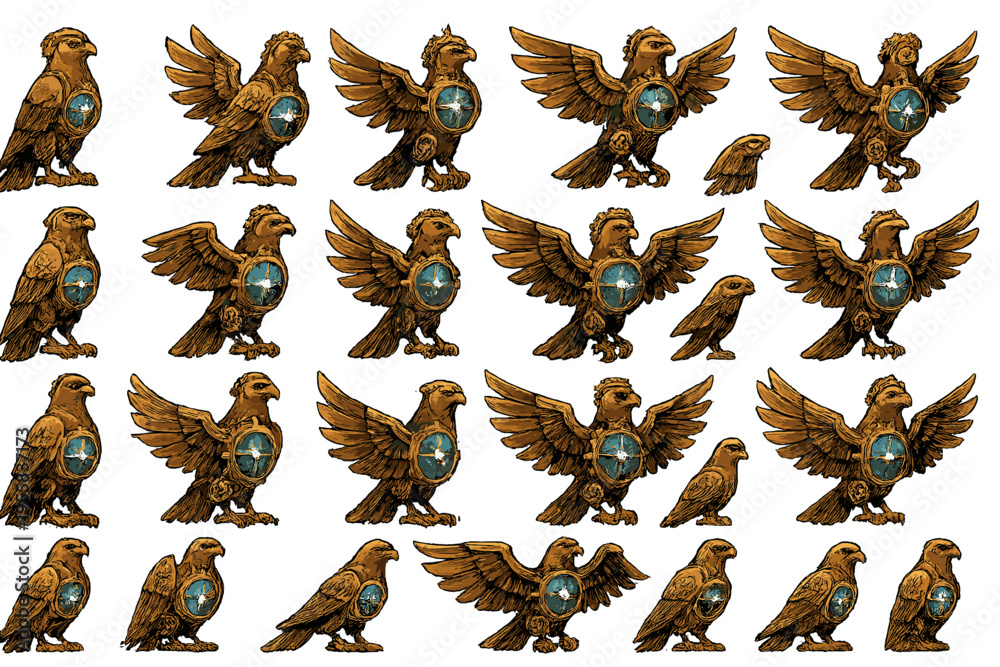 Naklejka premium Collection of detailed bird designs featuring shields with blue gems in various poses
