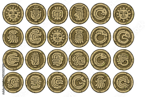Detailed view of ancient stone coins with various symbols found in a historic excavation site in Mexico