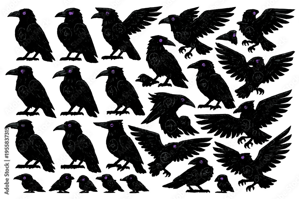 Obraz premium Ravens of different poses and sizes with purple details gathered in various positions for artistic purposes in a creative design setting