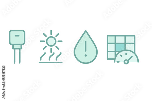 Icons showing temperature, sunlight, moisture, and energy measurement for environmental tracking and management