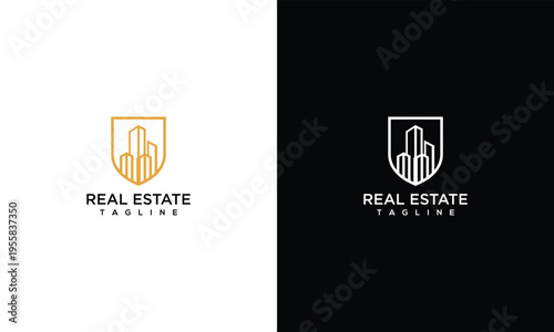 Modern Real Estate Shield Logo with City Buildings in Outline Style