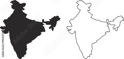 Black and white outlines of india map asia