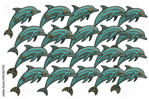 Dolphins swimming together in a group with bright patterns on their bodies and fins