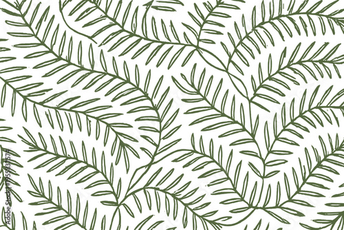 Pattern of green leaves on a white background with branches showing different angles and placements throughout the design