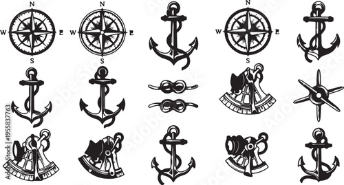 Nautical navigation with anchors compasses and ship wheels