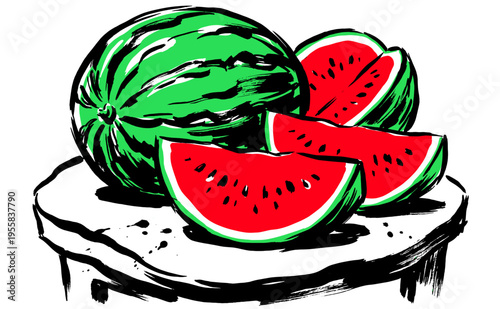 Fresh summer harvest. Watermelon fruit club artwork. Organic food vintage t-shirt design. Sweet tropical treat graphic print.