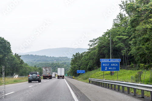 Crozet, Virginia, spring summer forest season near Charlottesville Blue Ridge mountains highway i64 with blue sign for rest area exit