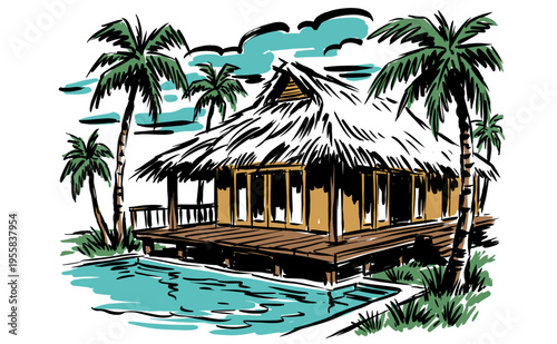 Tropical island escape. Beach club getaway artwork. Summer paradise villa and palm trees vintage graphic design for t-shirt, poster, and sticker.