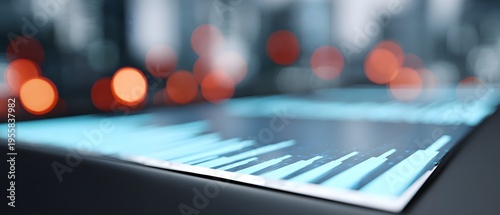 Digital screen shows trading analytics data with urban lights in background