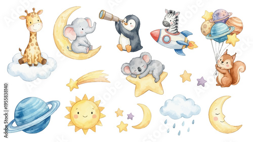 Adorable baby animals and celestial elements set,, pastel nursery clipart for kids design. Collection of Vector elements. Perfect for invitation, card, poster, banner, decoration