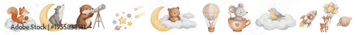 Adorable nursery set with animals and space elements, bear on cloud, mouse in cup, bird, shooting stars, moon, pastel hot air balloon, whimsical kids design. Collection of Vector illustrations. 