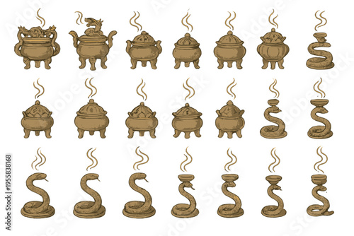 Different types of incense burners with smoke rising from each burner on a white background showing various shapes and designs