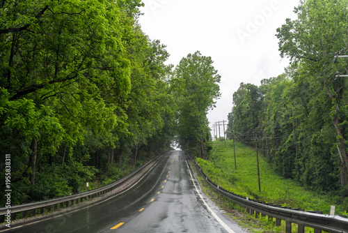 Afton, Virginia Nelson County Blue Ridge mountains highway 151 landscape straight empty road in green summer with forest trees cloudy rain day