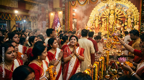 Worshippers at Durga Puja Pandal West Bengal, Elaborate Durga Idol, Women in White Red Sarees Incense Smoke, Real Festival Worship, Authentic Durga Puja Documentary India