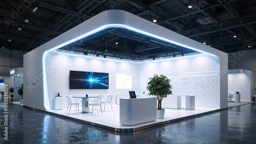 Minimal futuristic exhibition booth with clean white design LED lighting modern technology corporate presentation space
