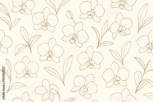 Orchid flowers arranged in a repeated pattern on a light background suitable for fabric design
