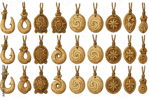 Variety of wooden pendants displayed in a row showing different shapes and designs captured during craft market in the afternoon