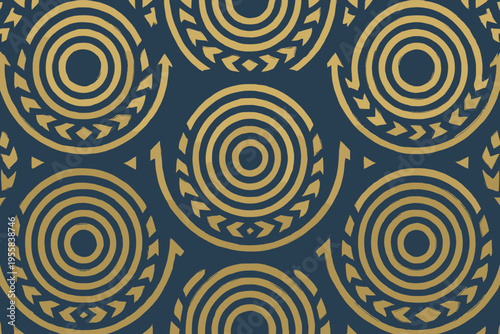 Circular patterns with arrows and spirals on a dark backdrop show design elements used in modern decor and art