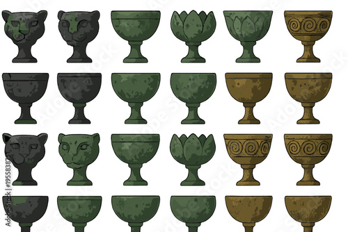 Different stone cup designs with animal and floral shapes displayed in rows for viewing and selection