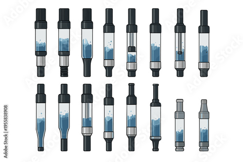 Collection of various vape tanks displayed in a grid format showing different designs and features for vaping enthusiasts and retailers