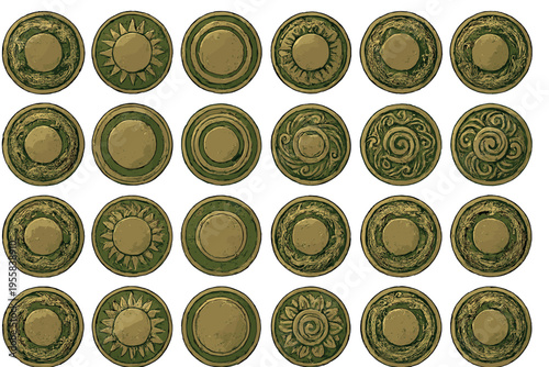 Different shapes and patterns on round stones arranged in a grid layout on a white background