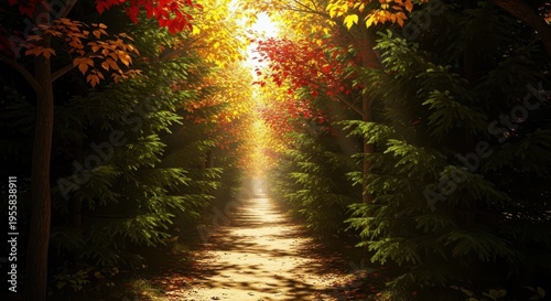 A narrow dirt path winding through a dense evergreen forest with sunlight filtering strongly through the autumn canopy creating deep shadows, ecology, evergreen, seasonal