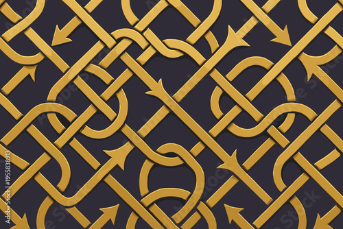 Golden patterns with arrows and loops create an intricate design on a dark surface