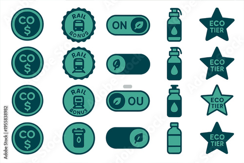Set of icons showing rail bonus, eco tier status, and on/off toggle switch for environmental features