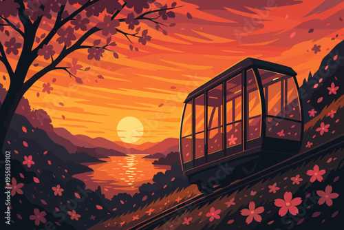 Sunset view of cable car moving along hill with flowers and lake in background