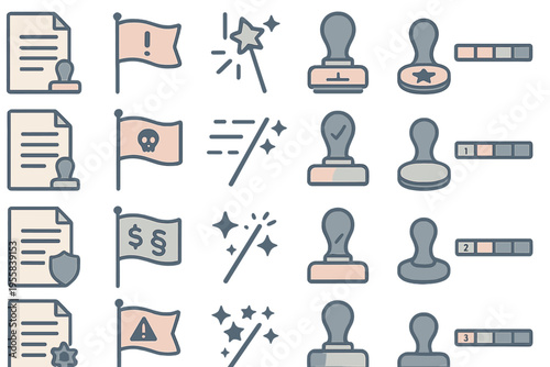 Various icons showing different types of documents, stamps, flags, and design elements for a design project or workspace