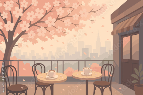 Coffee cups sit on tables outside a cafe with a view of a city and a cherry blossom tree in spring