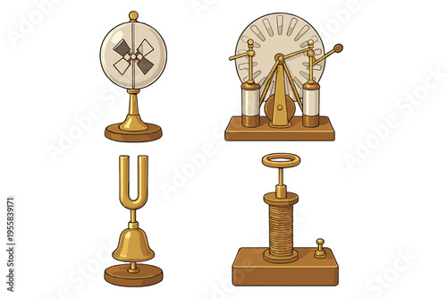 Various scientific instruments displayed on a flat surface with a clear background showing different shapes and sizes of measuring tools