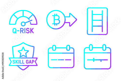 Icons illustrating different concepts like risk, cryptocurrency, skill gap, scheduling, and progress in a simple design