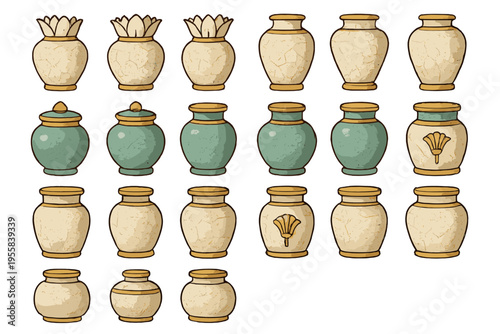 Different styles of decorative jars displayed in a grid pattern showcasing various shapes and designs on a white background