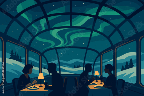 Couples enjoy dinner inside a train while watching the northern lights over the snowy landscape