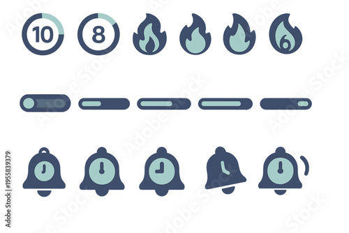 Graphic display of timer, flame icons, and alarm bells used for various applications in digital design and user interfaces