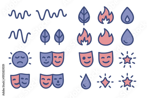 Symbols used to express feelings and emotions in art and design on a white background