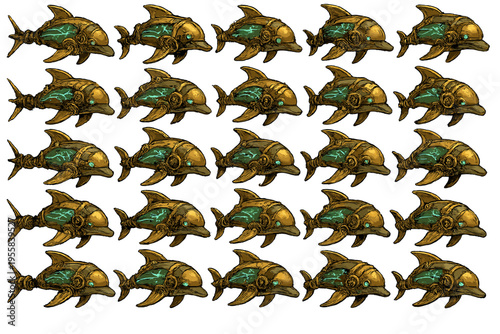 Dolphin robots swim in rows, showing their detailed design and technology in a creative concept