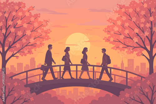 People walk on a bridge during sunset with trees and city skyline in background