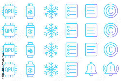 Design features showing QPU symbol, snowflake icon, checklist, copyright sign, and bell icon in blue and purple colors