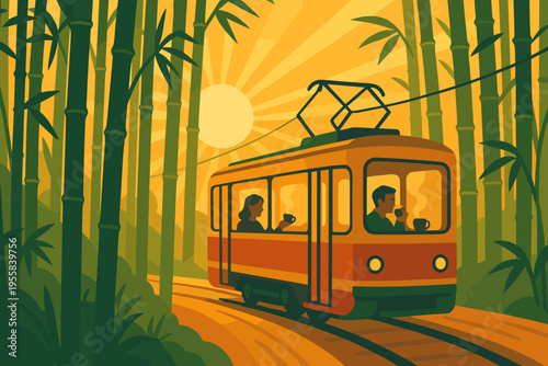 Tram rides through bamboo forest as the sun sets in the background