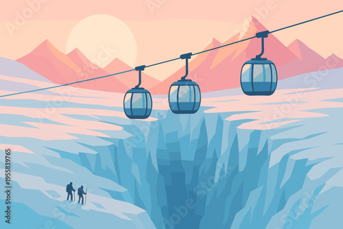 Couple enjoys view of glacier and gondola at sunset in snowy mountains